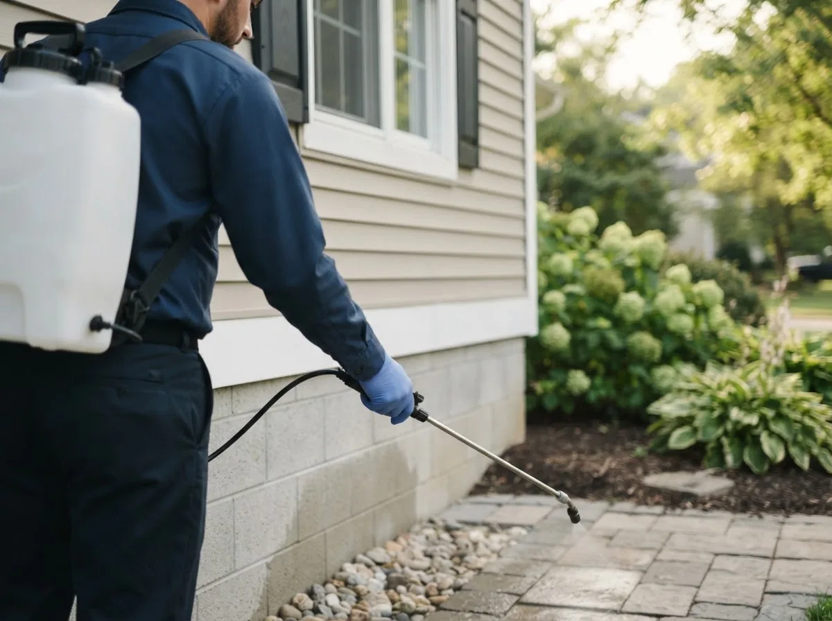 Pest control technician inspecting a home in Capron, IL
